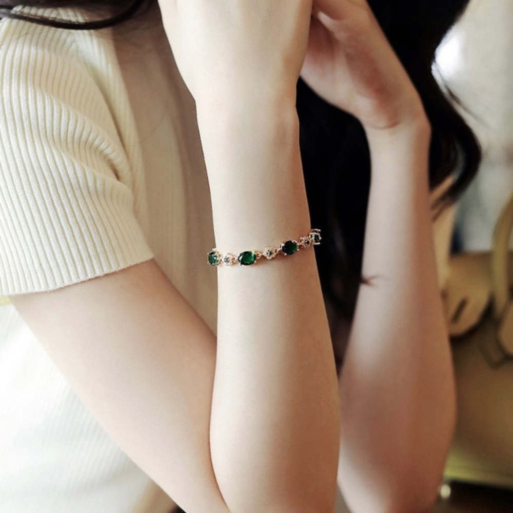 18K Gold Plated Green Crystal Emerald Charm Bracelet for Women - Picture 3 of 5
